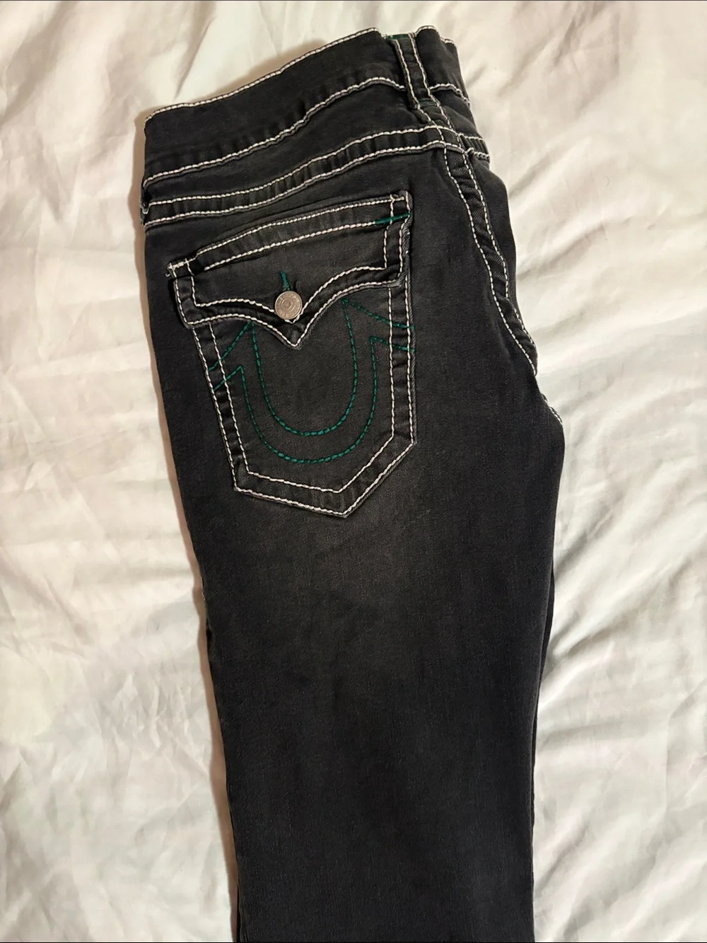 True Religion Men's Black Relaxed Jeans with Green Stitching